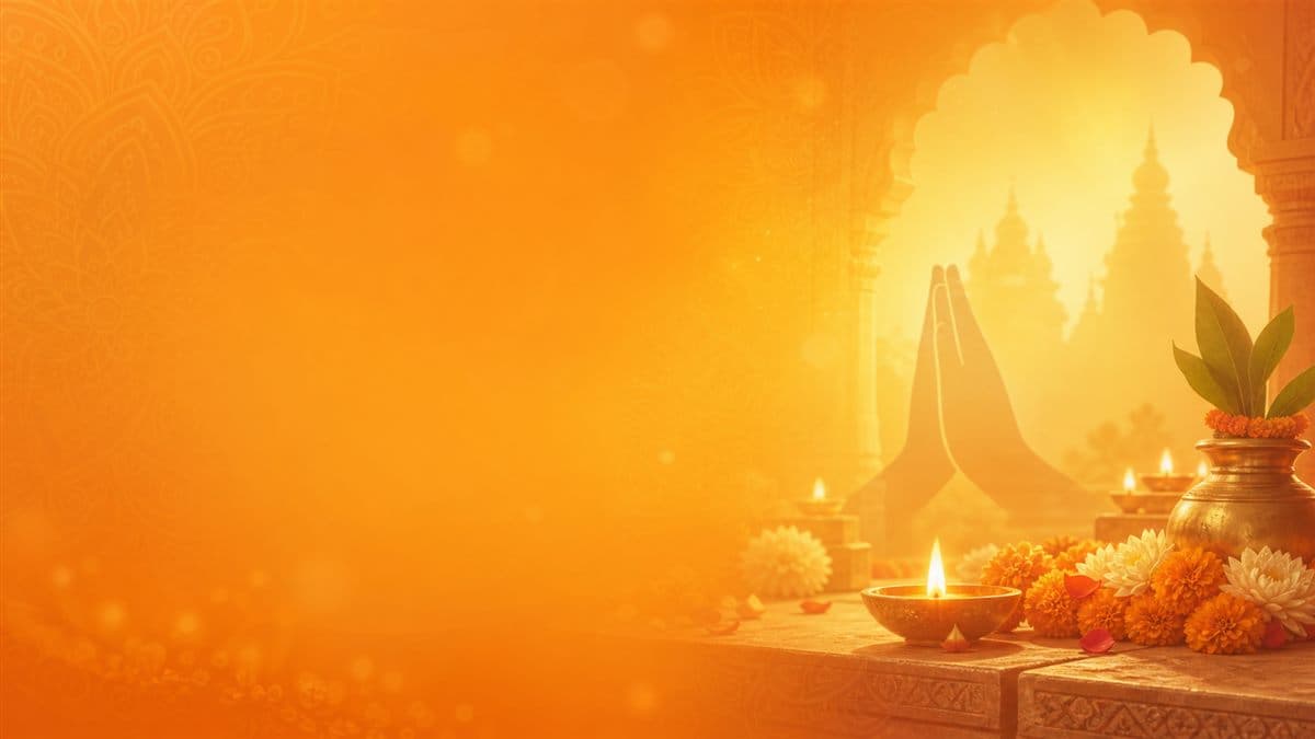 Prayerful temple scene with diya and marigold flowers